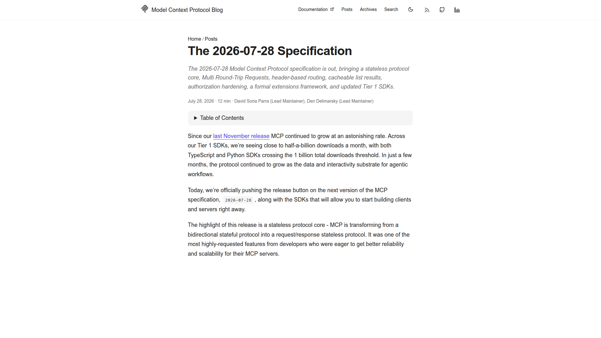 MCP official blog announcing the 2026-07-28 specification — stateless protocol core, MRTR, header-based routing