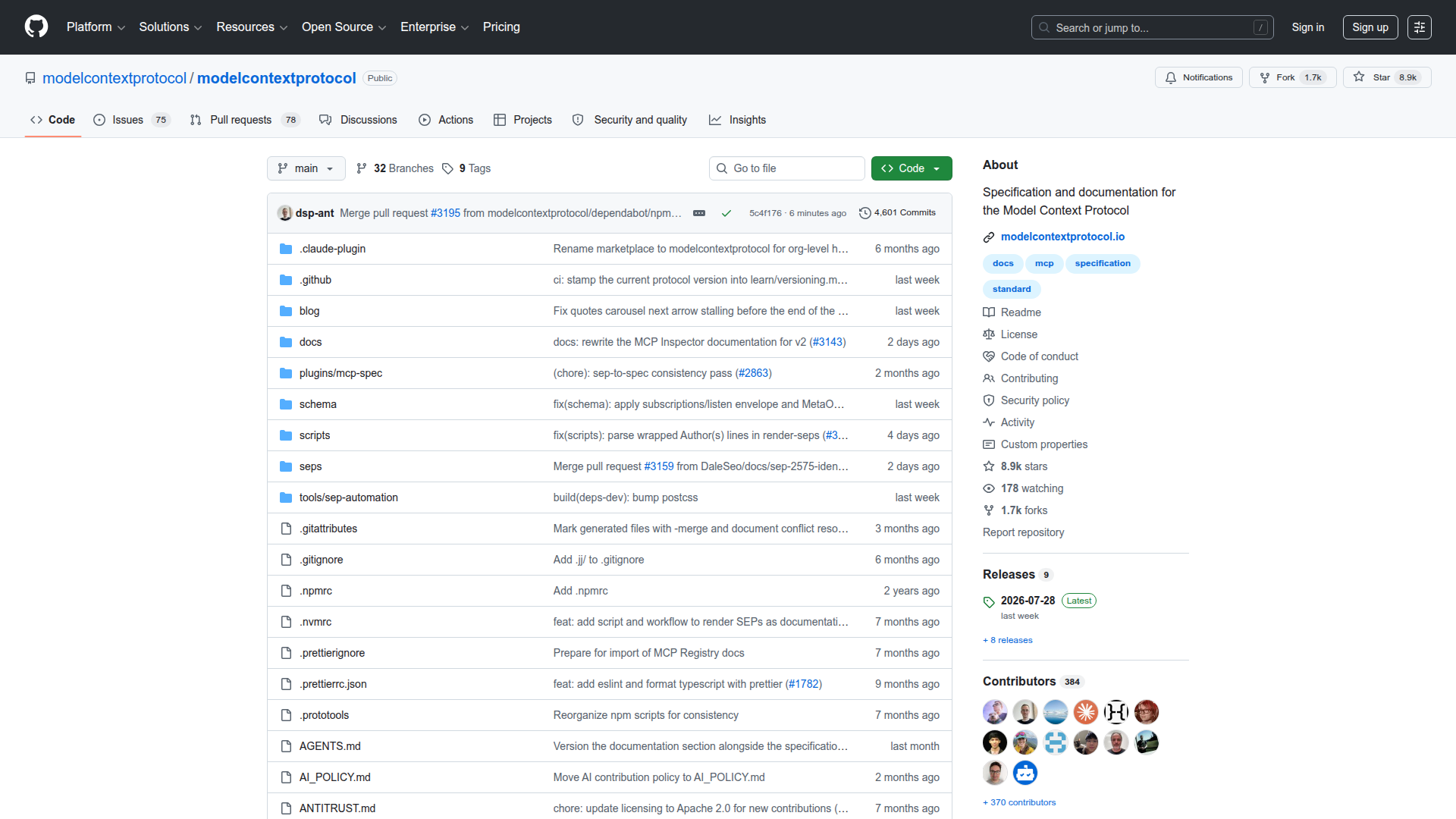 MCP specification repository on GitHub — 8.9K stars, 384 contributors, latest release 2026-07-28