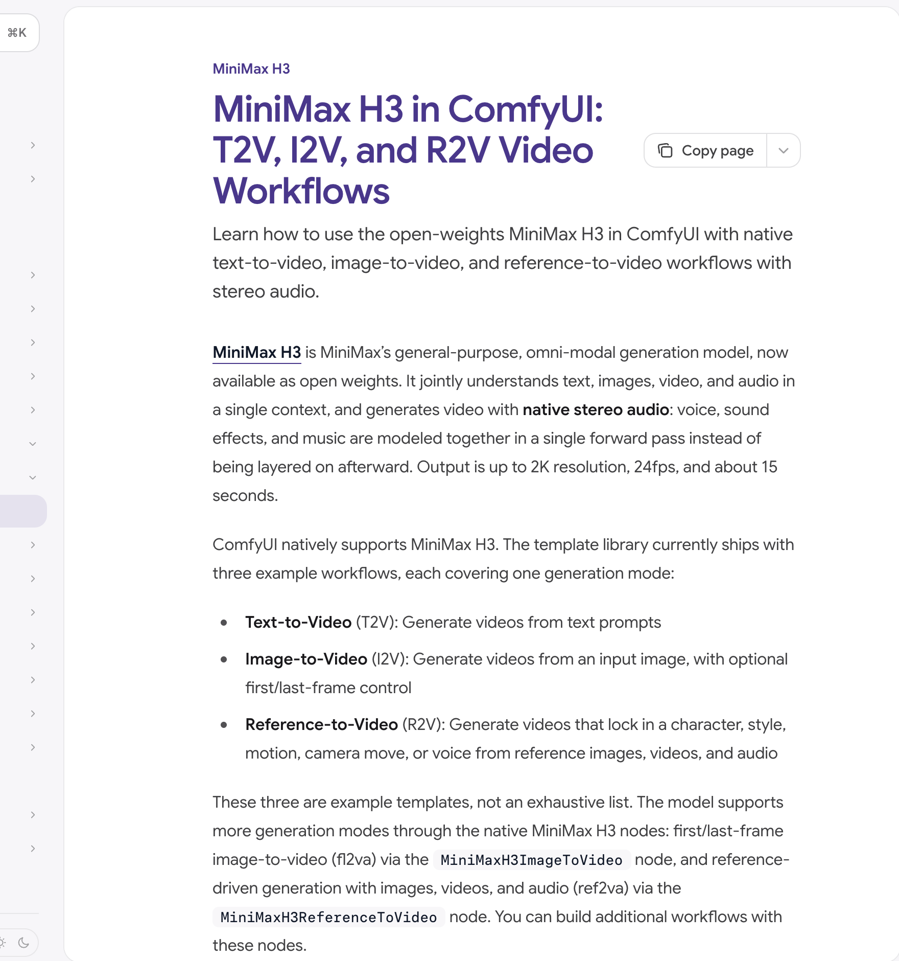 MiniMax H3 T2V I2V and R2V workflows in the official ComfyUI documentation