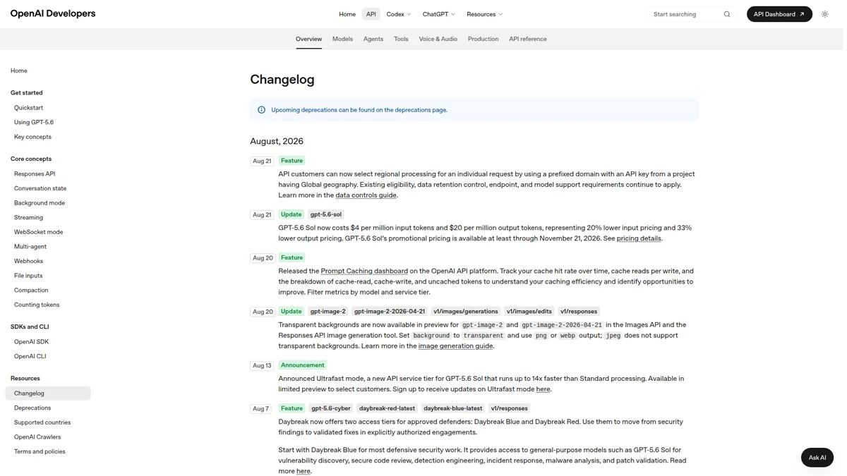 The OpenAI platform changelog, a primary-source surface for API and model changes.