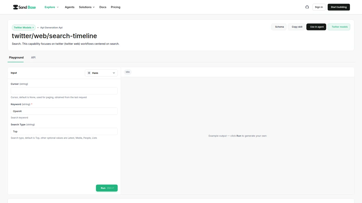 SandBase Twitter search model page showing the keyword and search-type contract.