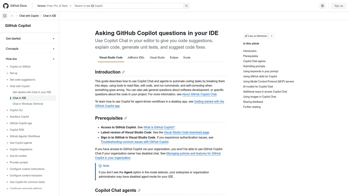 GitHub Copilot documentation for image-aware chat workflows