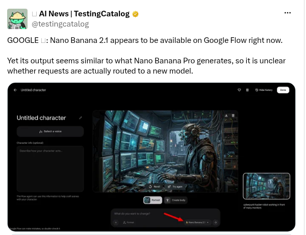 TestingCatalog’s October 5 X post saying Nano Banana 2.1 appears available in Google Flow and questioning whether it routes to a new model