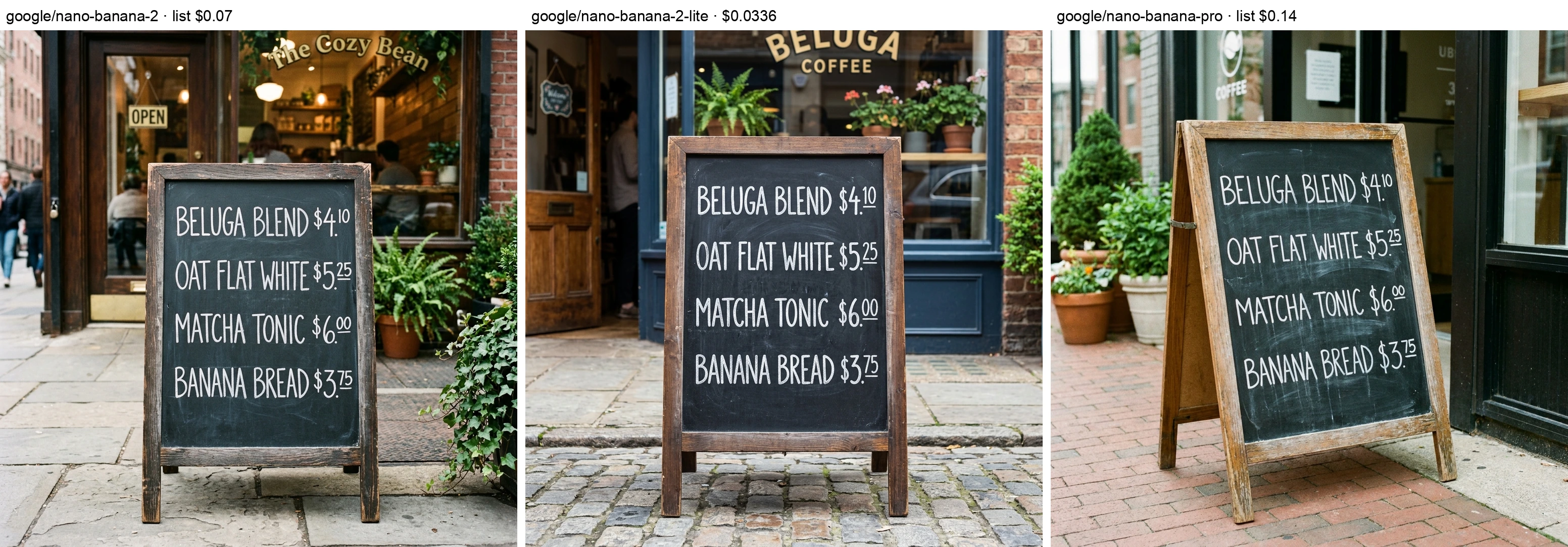 One 1K menu prompt rendered by Nano Banana 2, Nano Banana 2 Lite, and Nano Banana Pro through SandBase, labelled with routes and listed base prices
