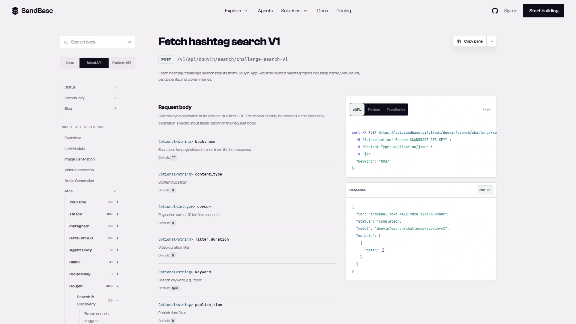 SandBase endpoint reference for douyin/search/challenge-search-v1 showing POST route and optional parameters including integer cursor and string keyword