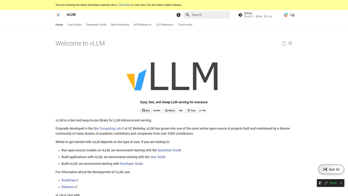 vLLM documentation showing the inference-server surface for serving open models.