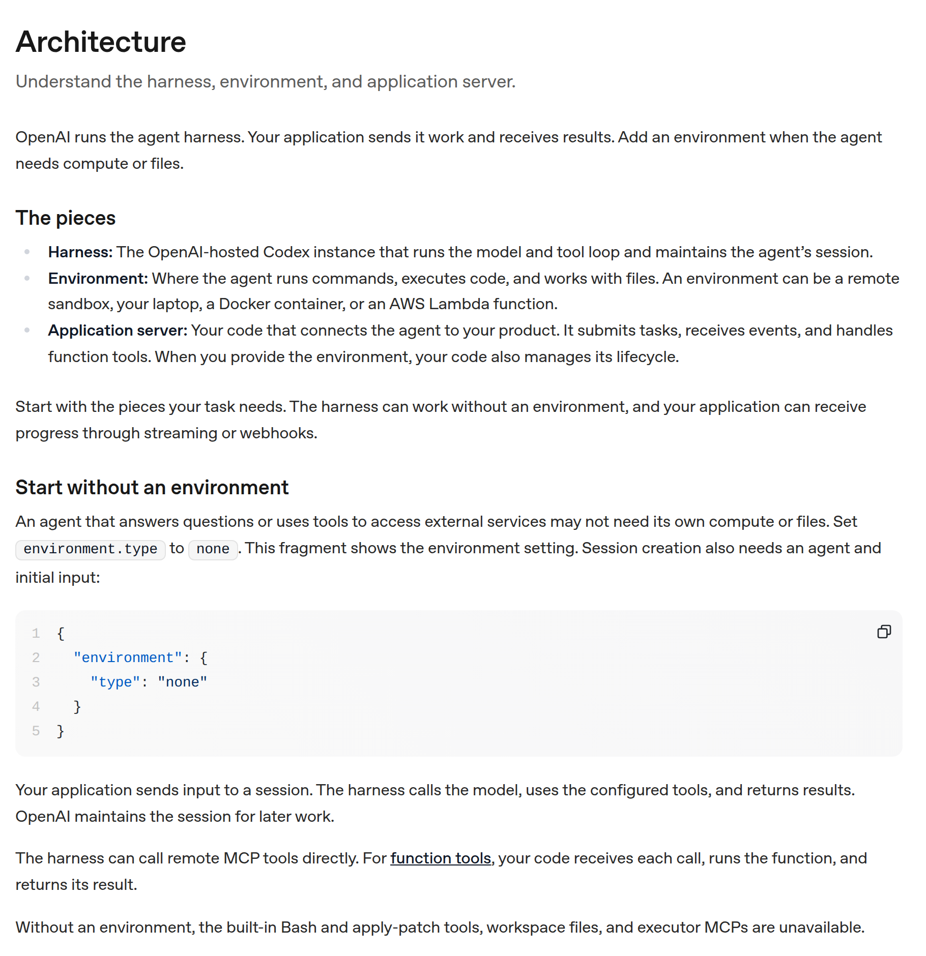 OpenAI architecture documentation separating the harness, environment, and application server
