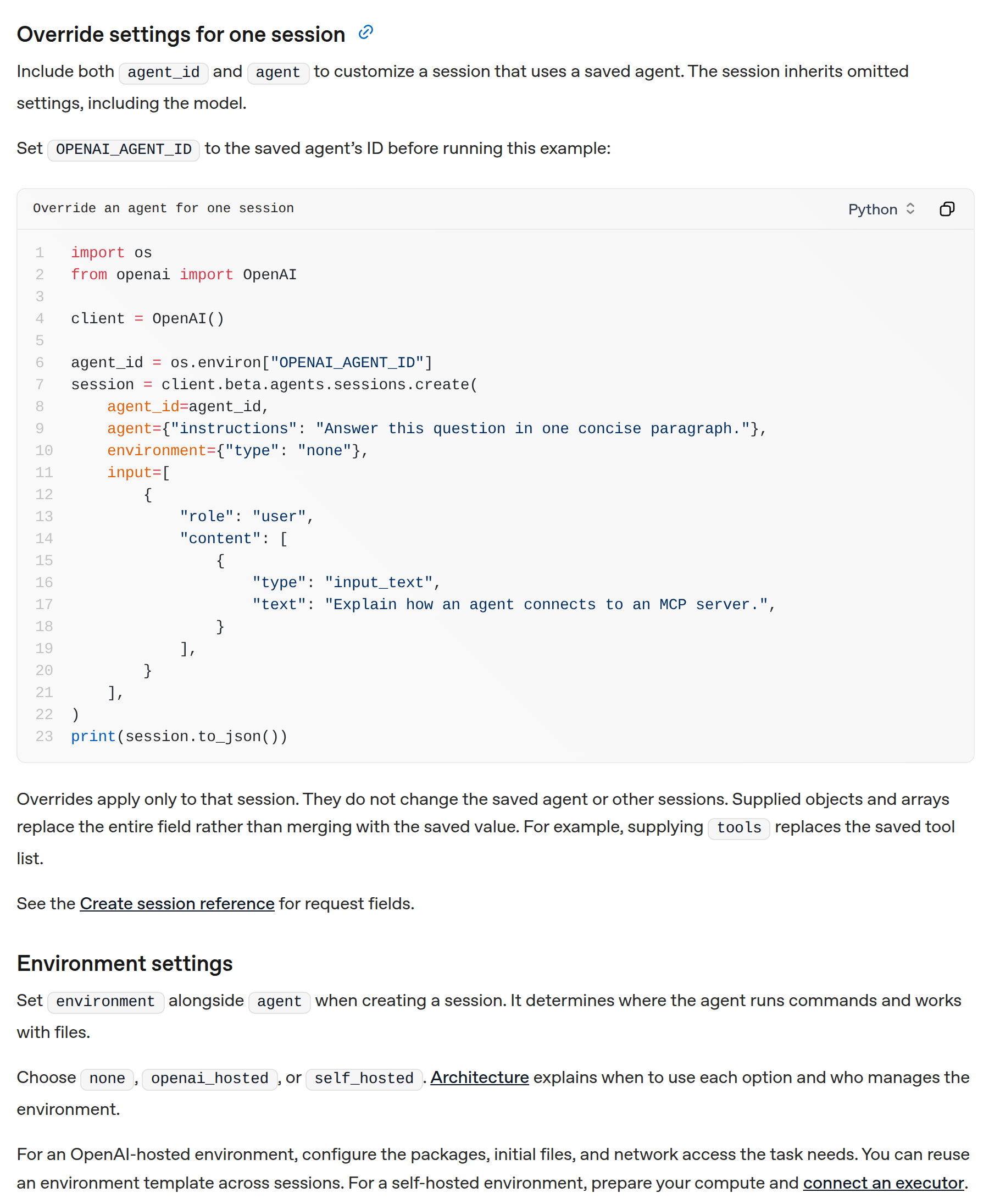 OpenAI configuration documentation showing session overrides replace entire fields