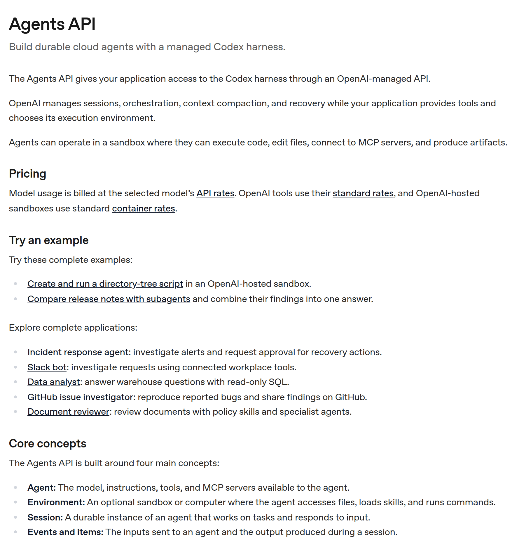 OpenAI Agents API overview showing model, tool, and hosted-container billing categories