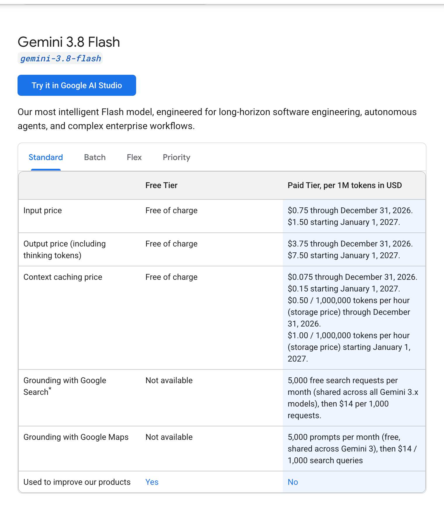 Google Gemini 3.8 Flash API pricing