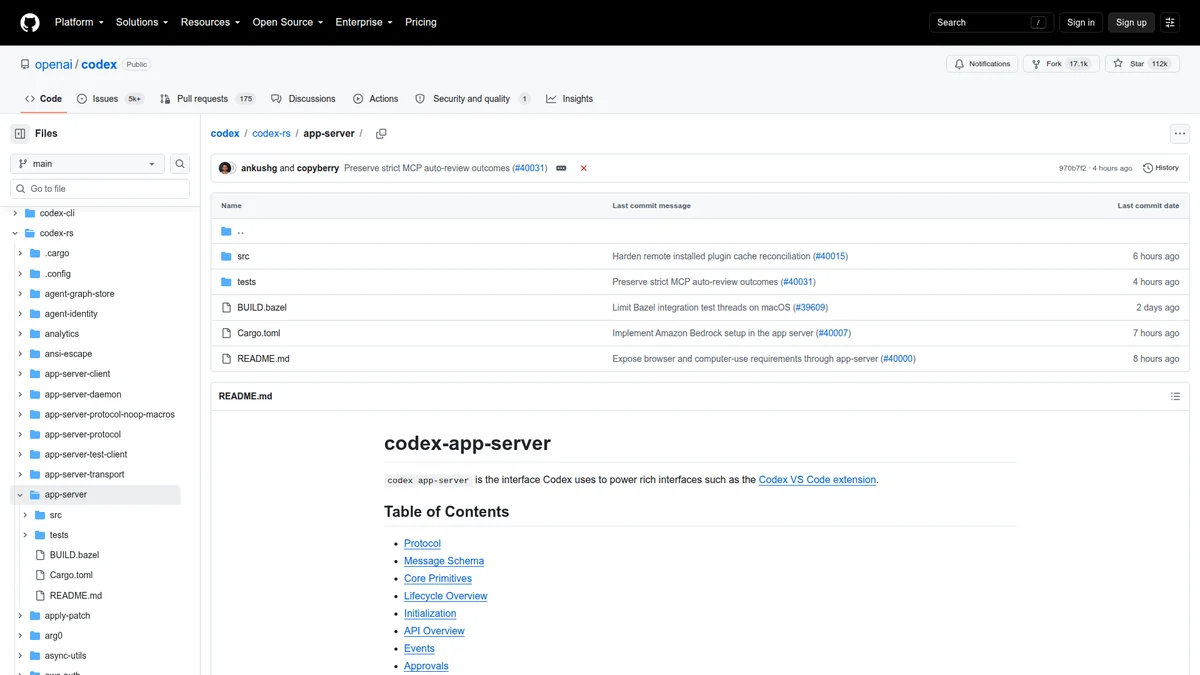 OpenAI Codex 仓库中的 App Server 源码目录