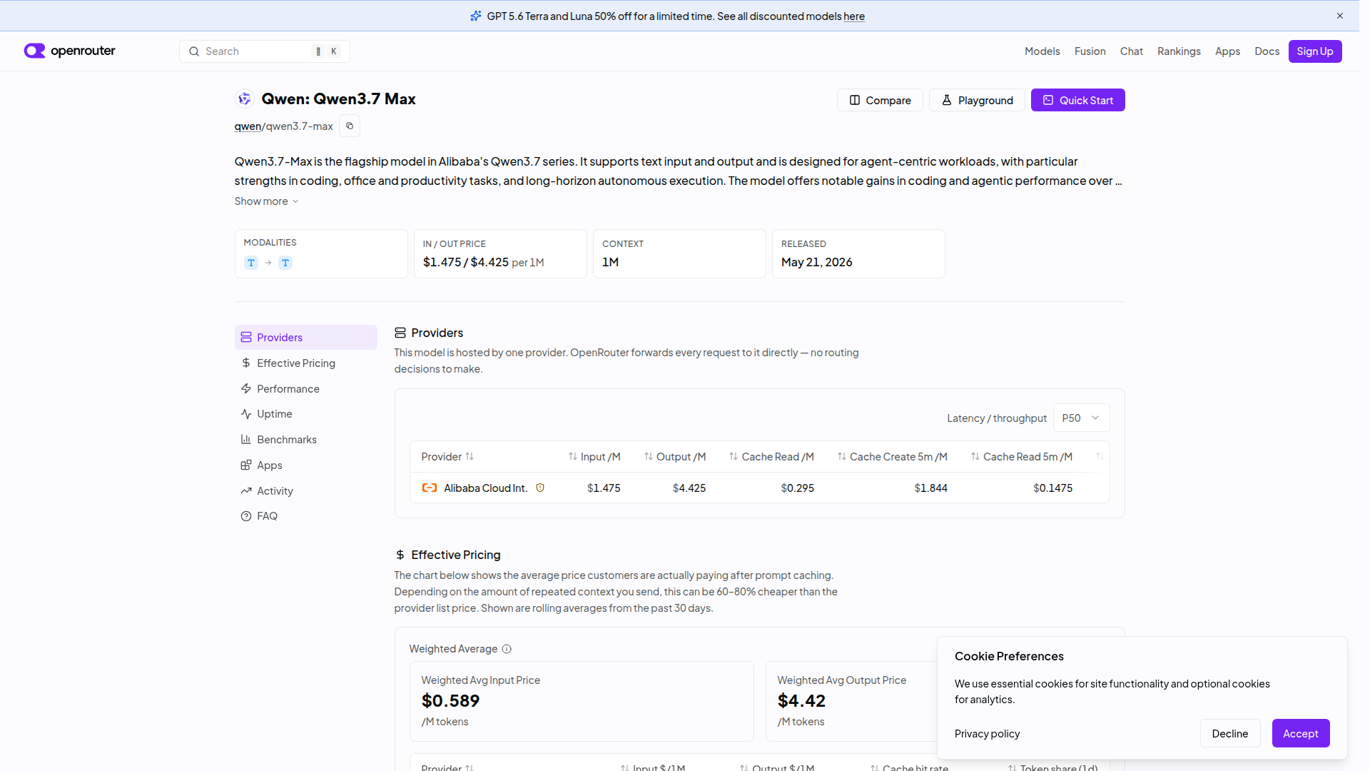 Qwen 3.7 Max on OpenRouter showing pricing at $1.475/$4.425 per million tokens, 1M context, released May 21 2026