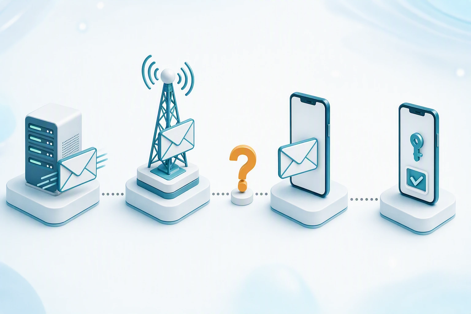 Four separate stations representing message submission, carrier handling, phone delivery and code checking