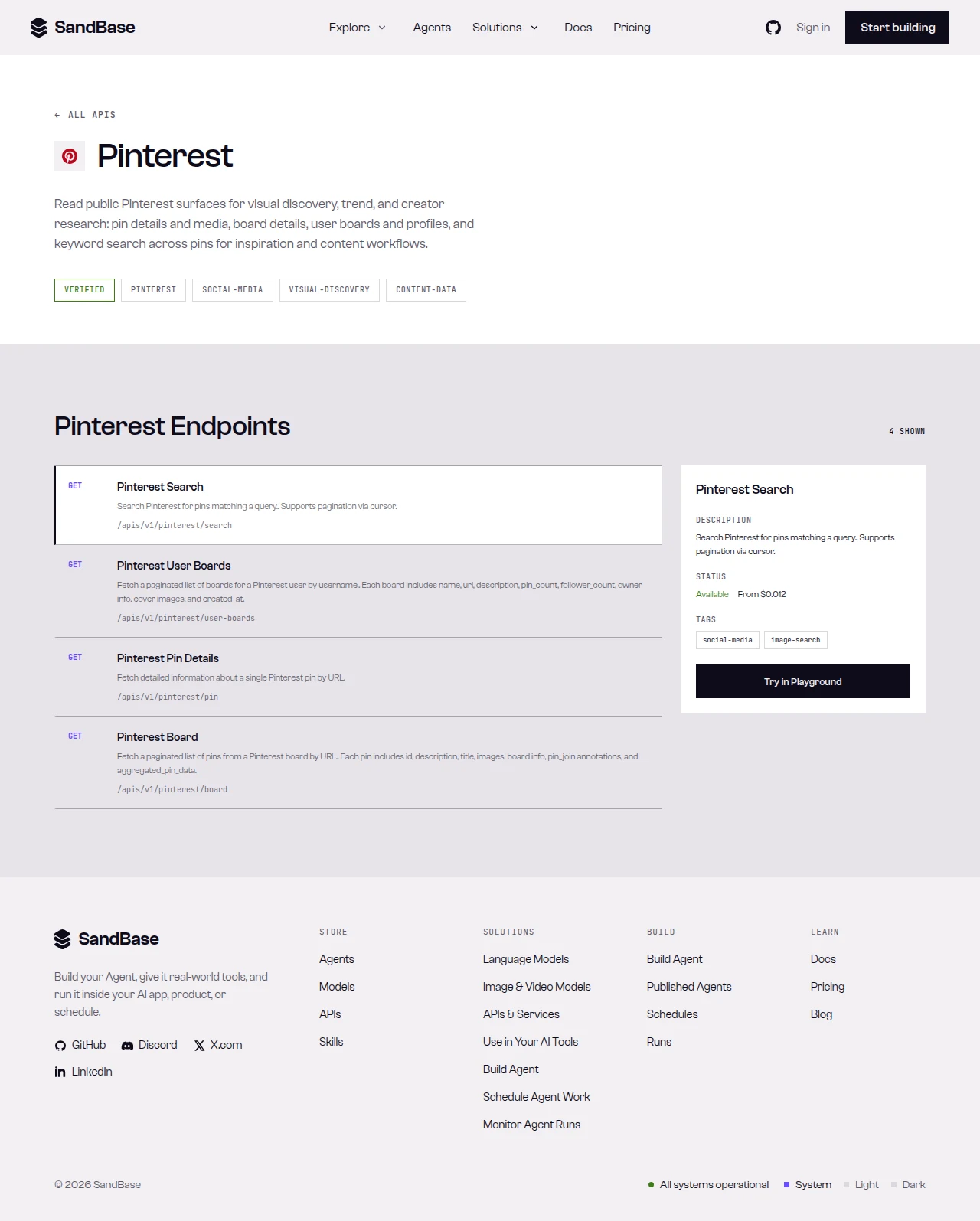 SandBase Pinterest API page: description, capability tags, and the endpoint list