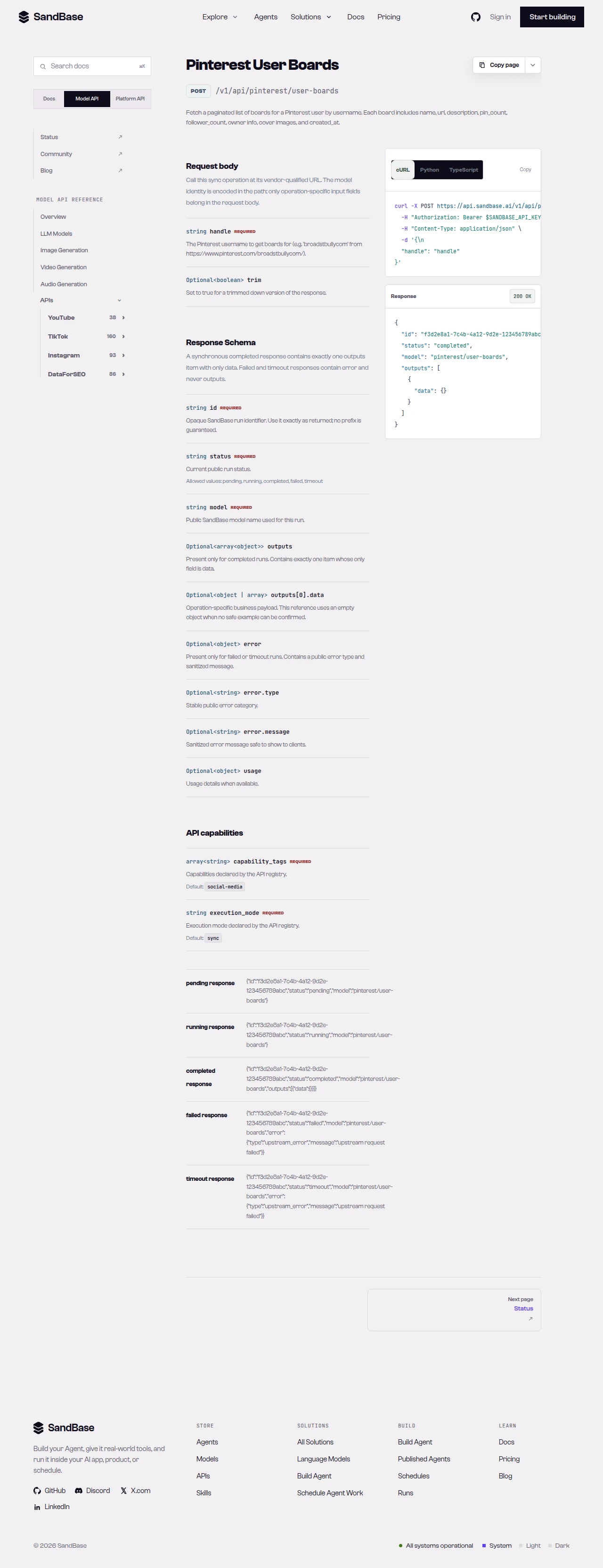 SandBase Pinterest endpoint list showing search, board, pin, and user-boards endpoints