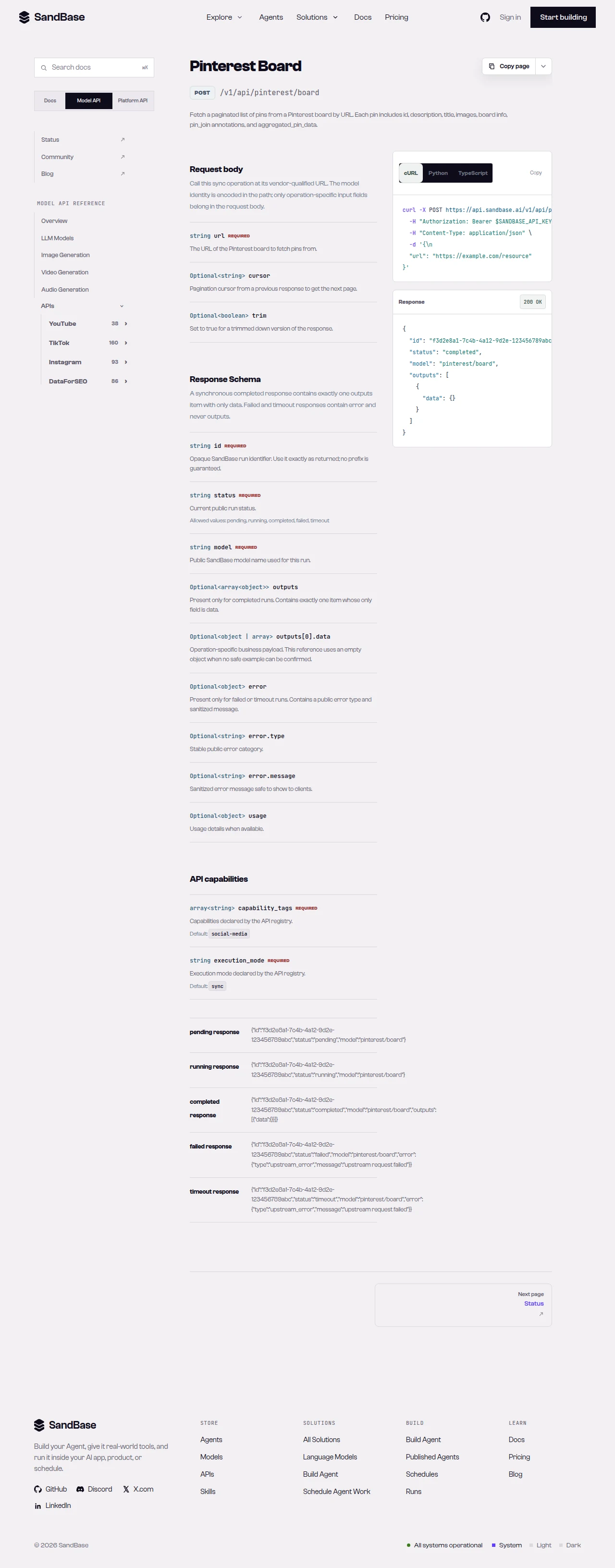 SandBase API reference for the Pinterest board endpoint