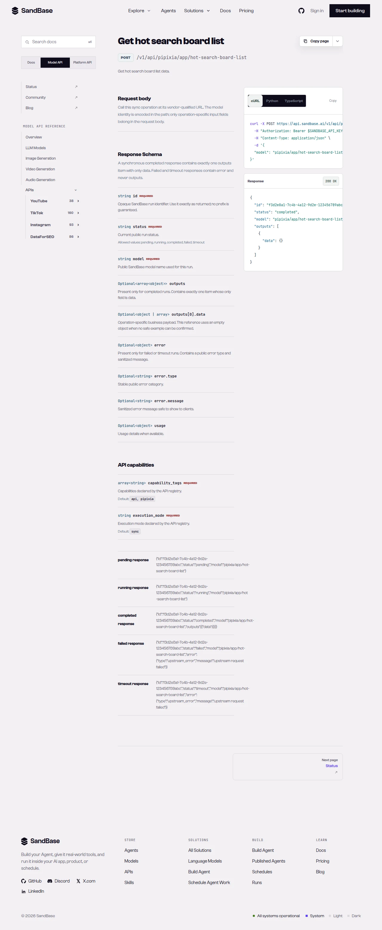 SandBase API reference for a Pipixia endpoint, showing the vendor-qualified URL and the response schema