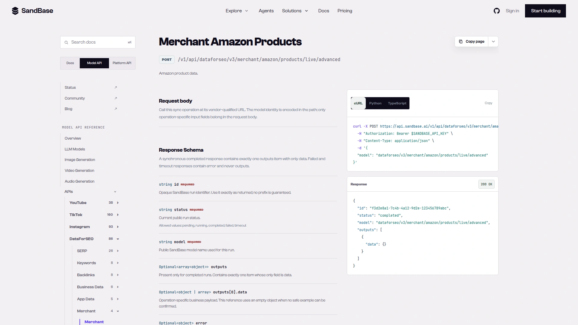 SandBase endpoint reference for dataforseo/v3/merchant/amazon/products/live/advanced showing the POST route and a response schema where outputs[0] holds only data