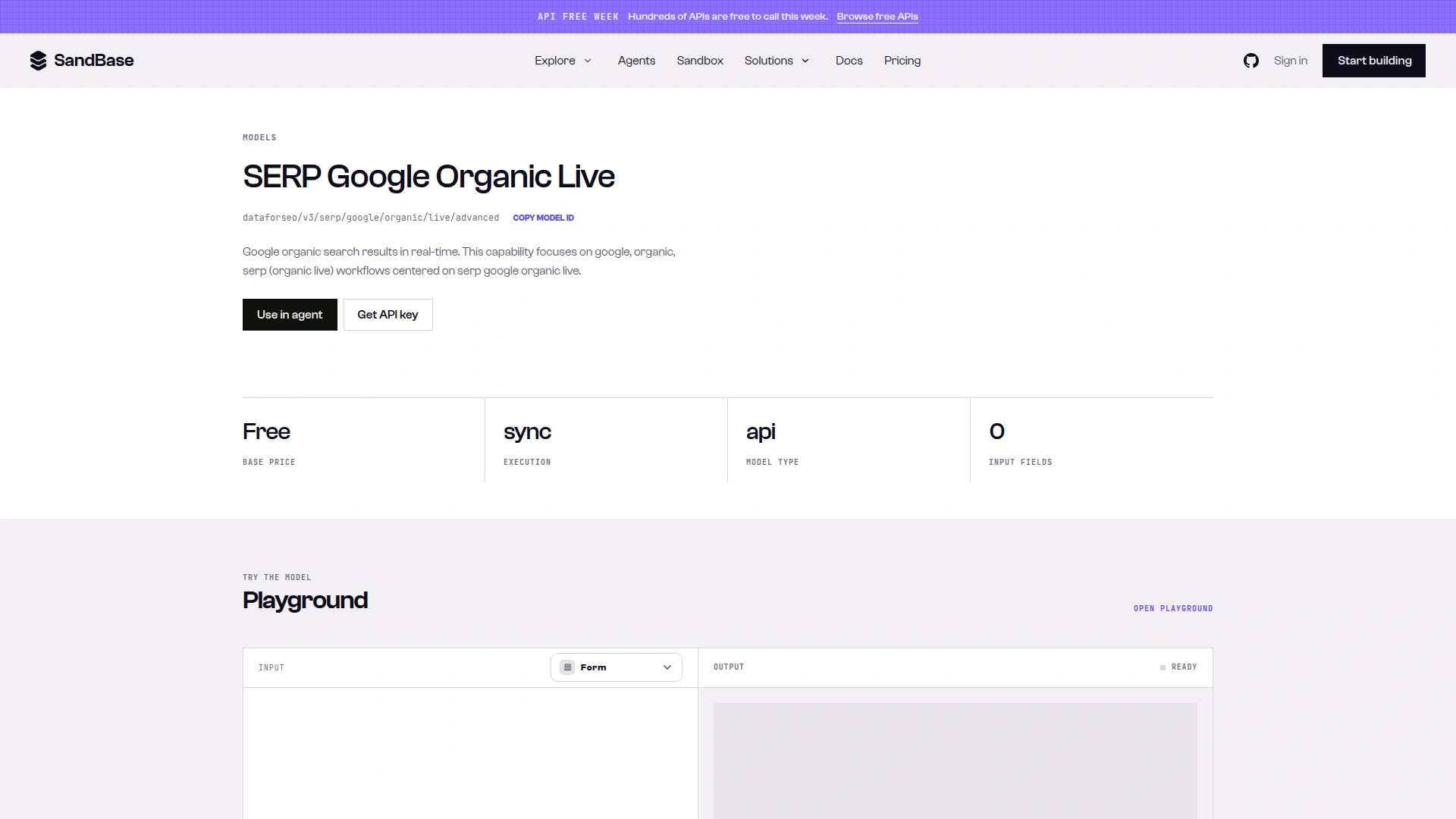 SandBase model page for dataforseo/v3/serp/google/organic/live/advanced showing a Free base price, sync execution and an API Free Week banner