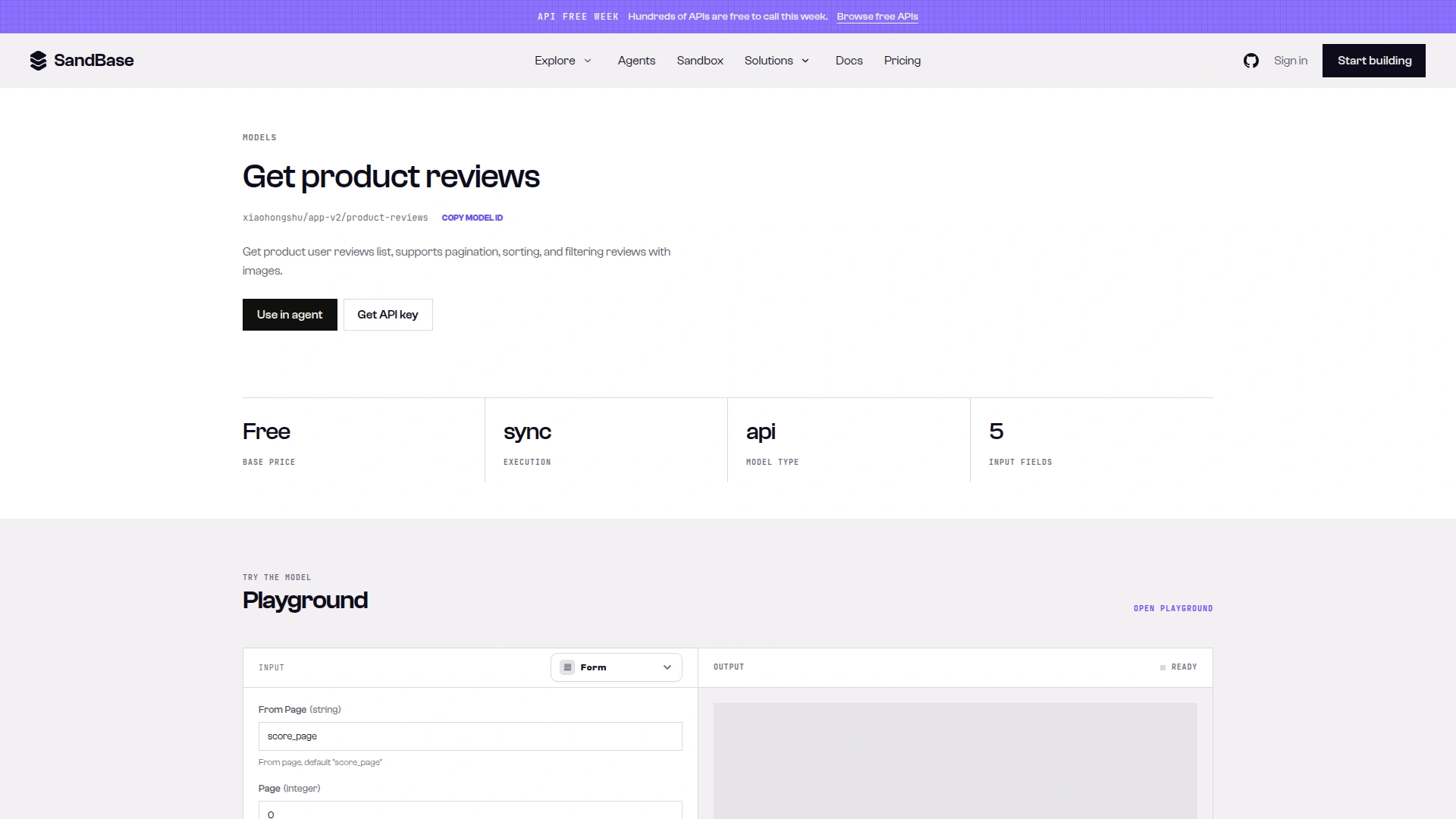 SandBase model page for xiaohongshu/app-v2/product-reviews showing Free base price, sync execution, api model type and 5 input fields, under an API Free Week banner