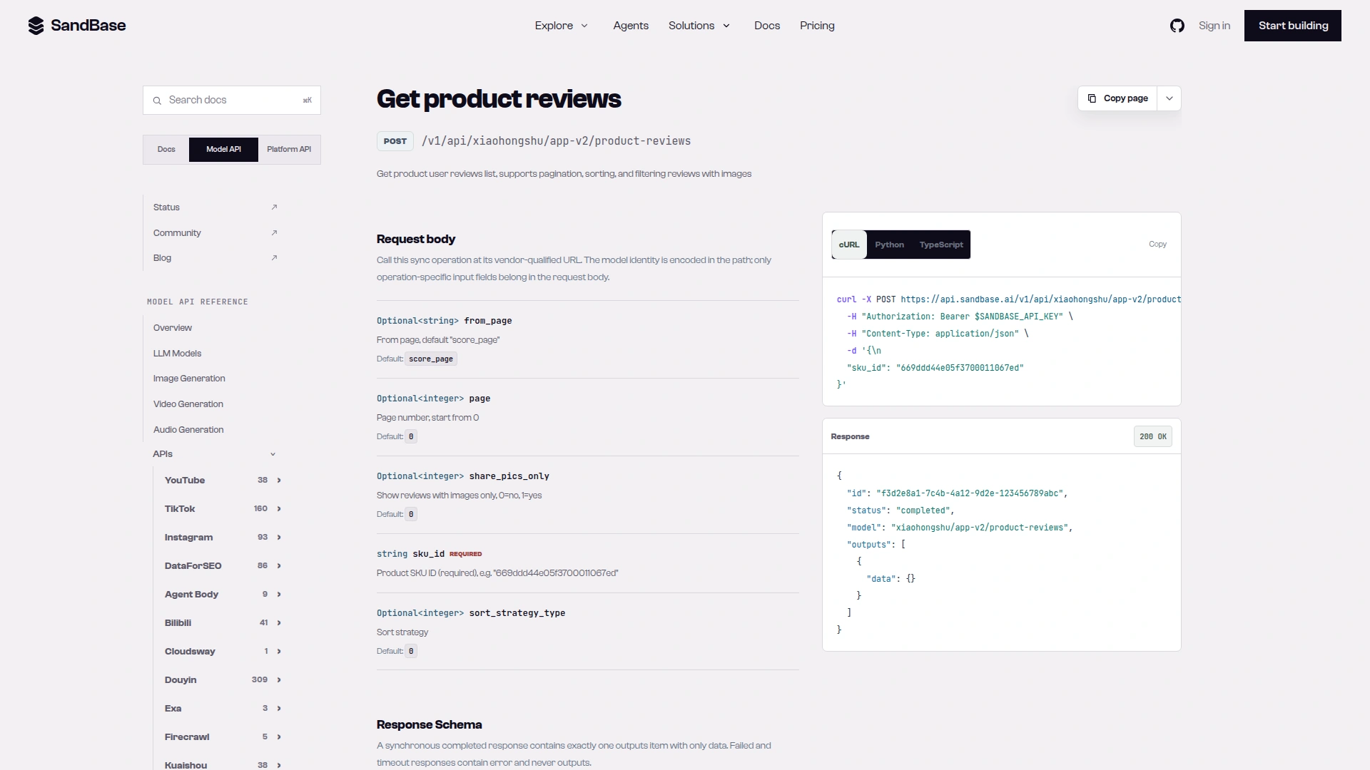 SandBase endpoint reference for xiaohongshu/app-v2/product-reviews showing POST /v1/api/xiaohongshu/app-v2/product-reviews with from_page, page, share_pics_only, sku_id and sort_strategy_type
