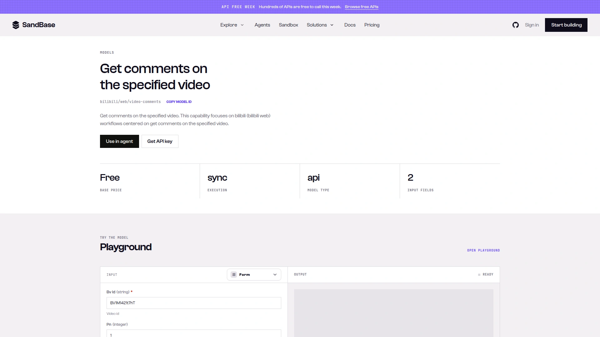 SandBase model page for bilibili/web/video-comments showing a Free base price, sync execution and 2 input fields under an API Free Week banner