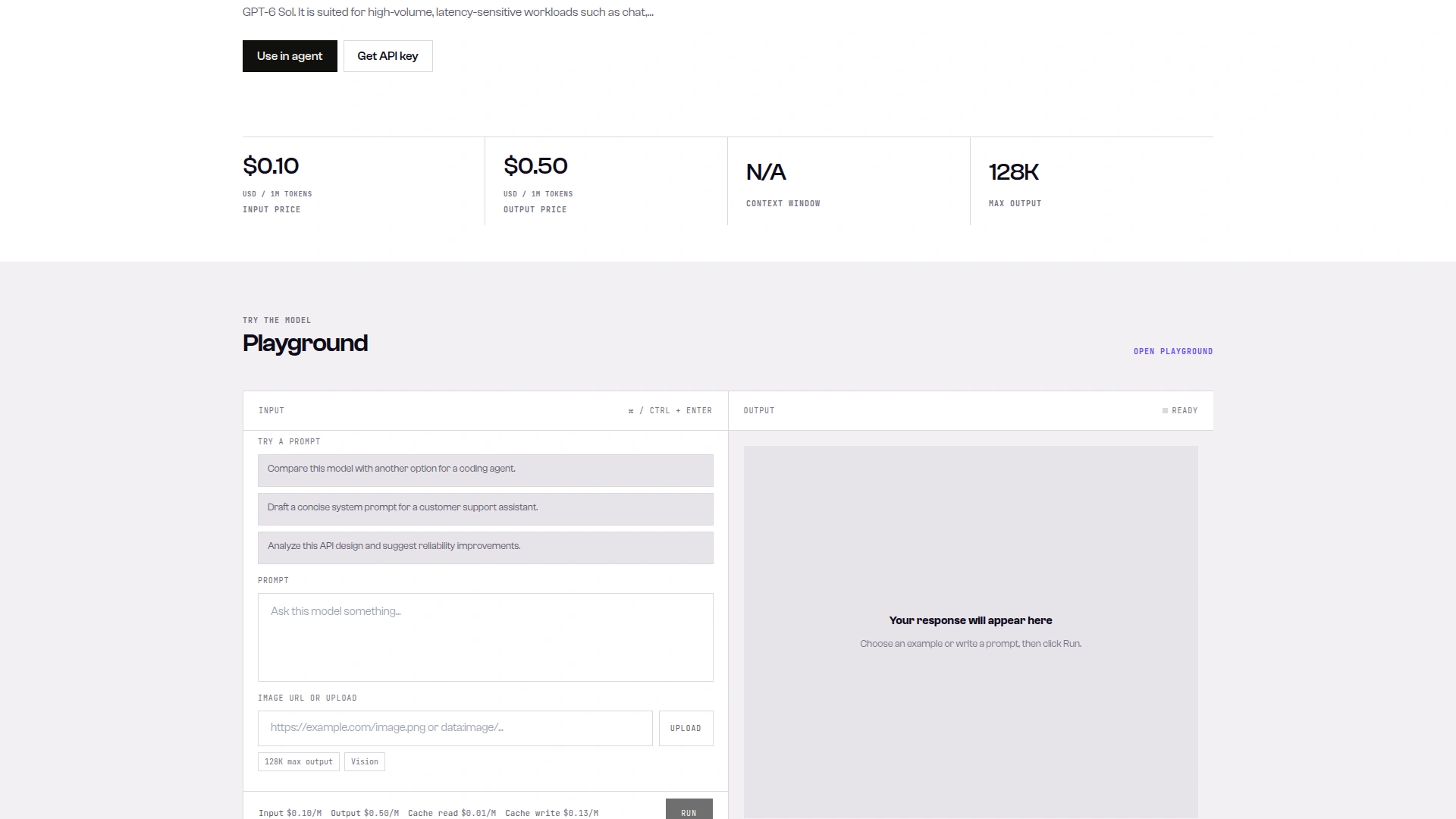 SandBase model page for openai/gpt-6-luna showing $0.10 input price and $0.50 output price per million tokens and 128K max output