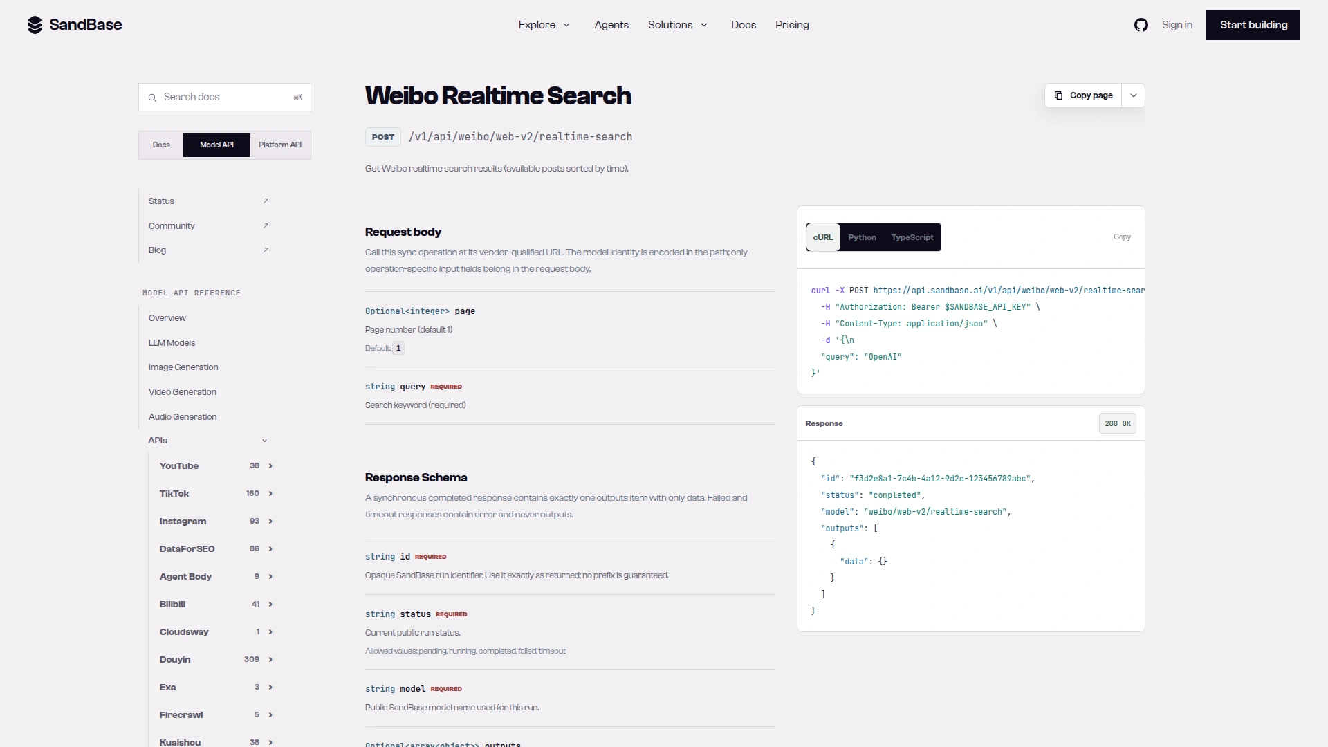 SandBase endpoint reference for weibo/web-v2/realtime-search showing the POST route with query and page fields and an outputs[0].data response envelope