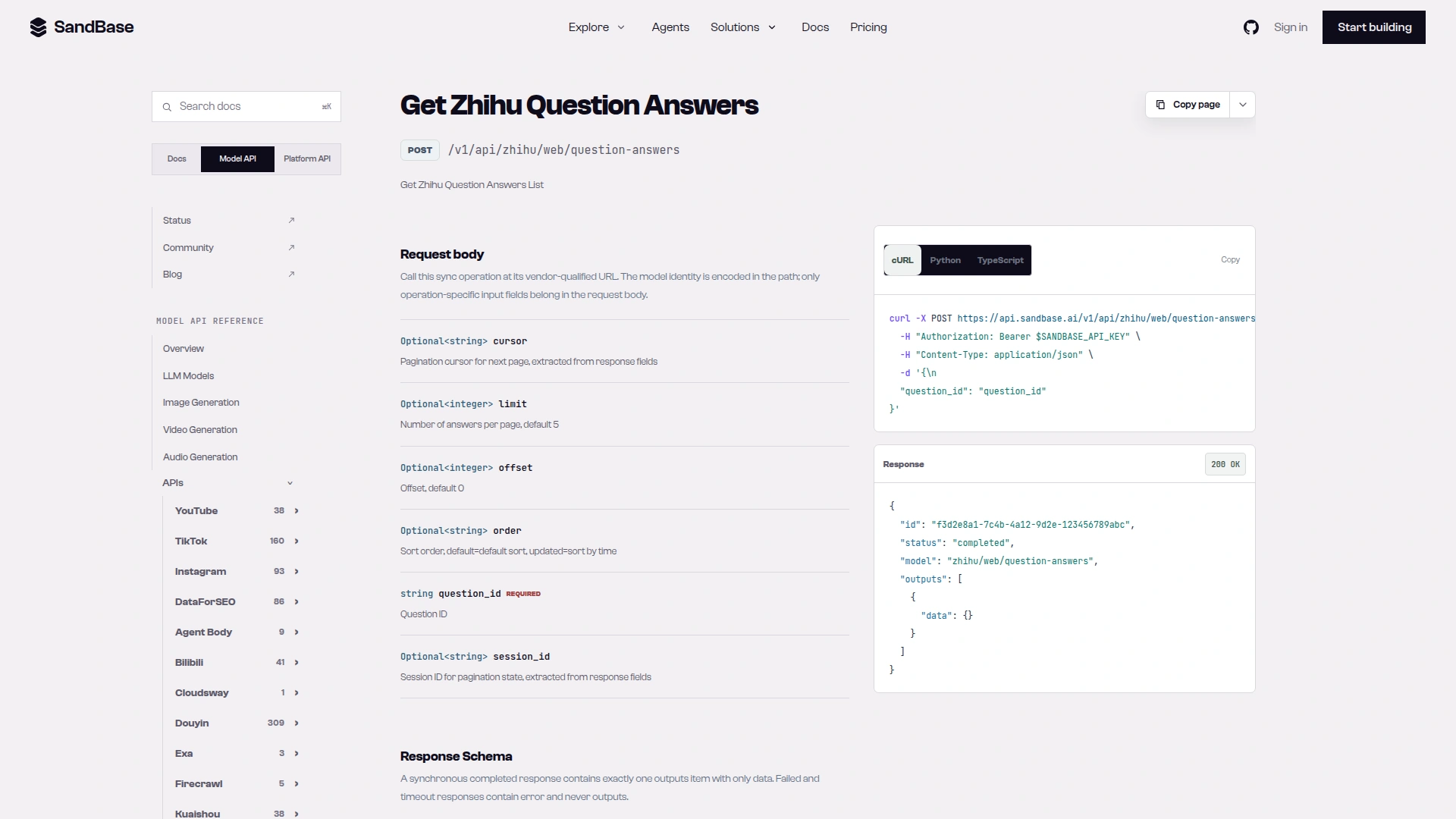 SandBase endpoint reference for zhihu/web/question-answers listing cursor, limit, offset, order, question_id and session_id
