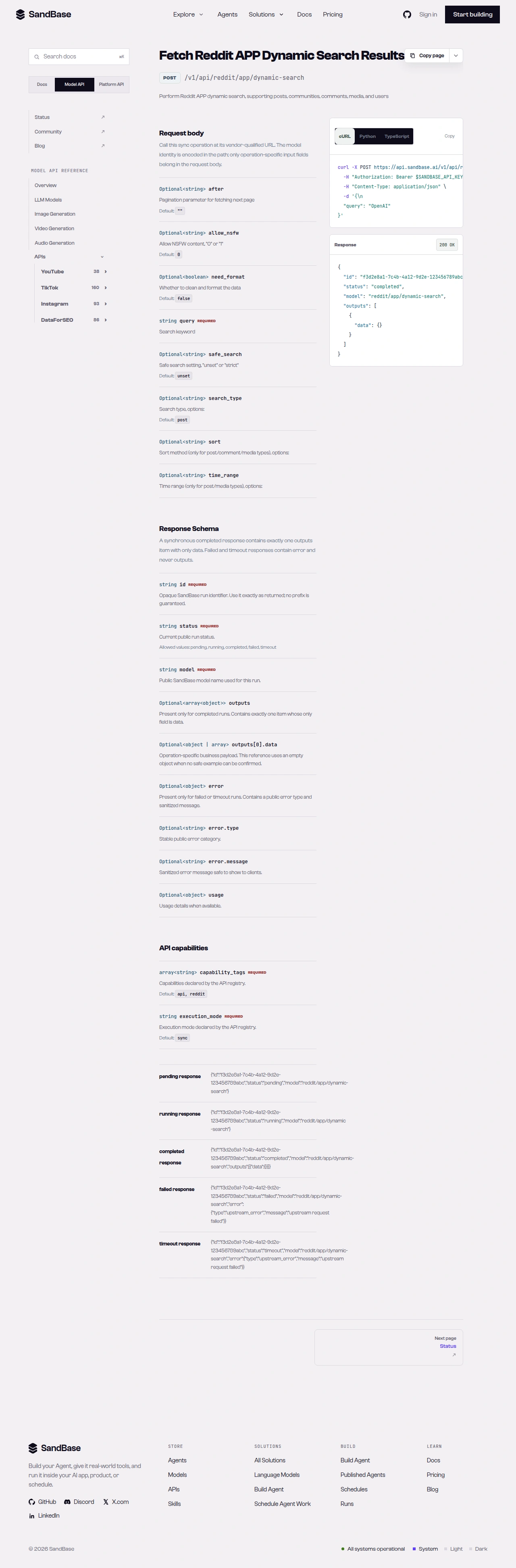 SandBase Reddit dynamic-search API reference showing the query parameter and response schema