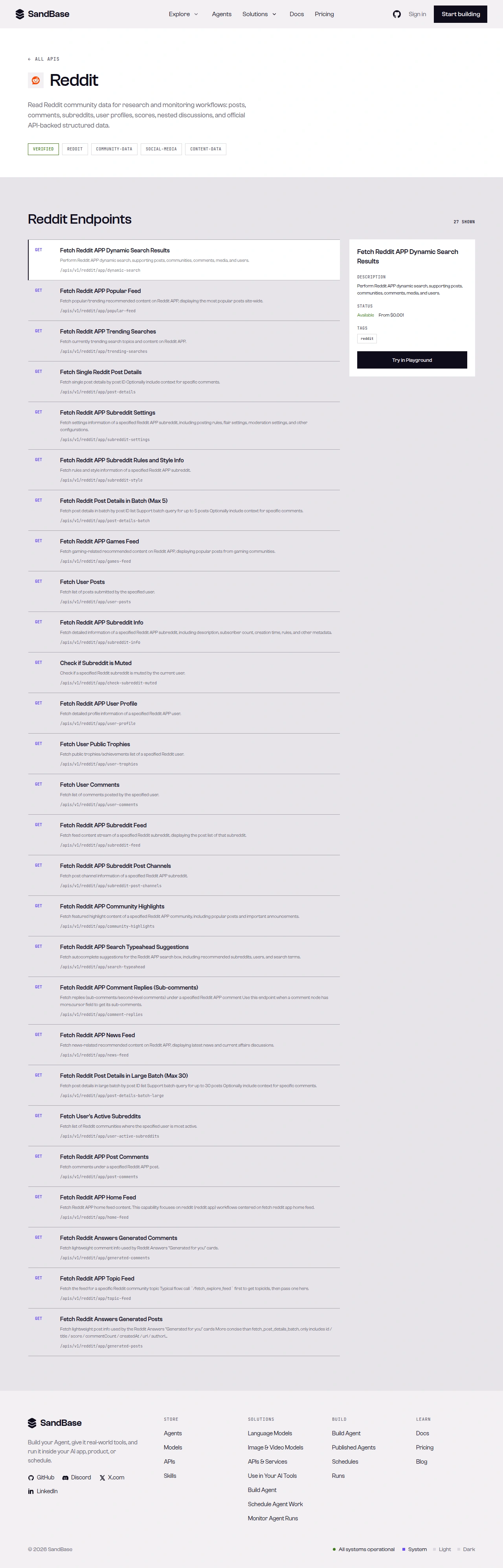 SandBase Reddit API page: description, capability tags, and the Reddit Endpoints list