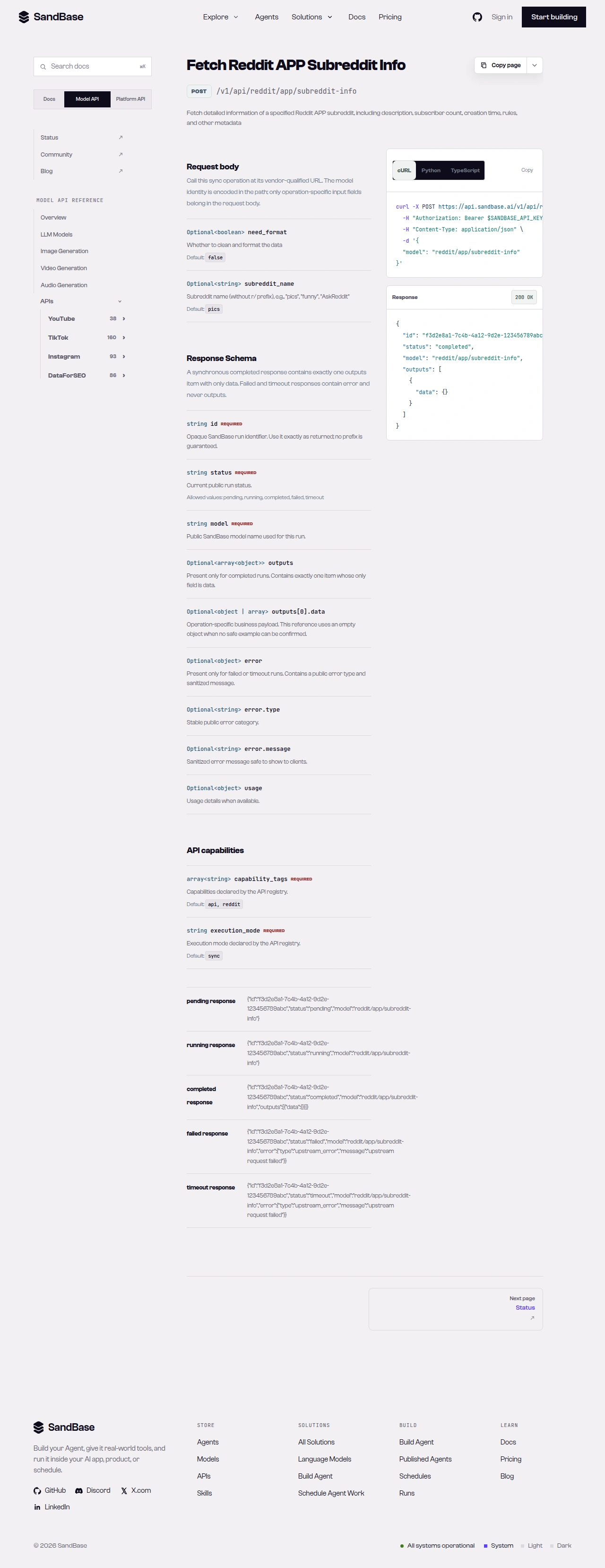 SandBase API reference for a Reddit endpoint, showing the vendor-qualified URL, the parameter, and the response schema