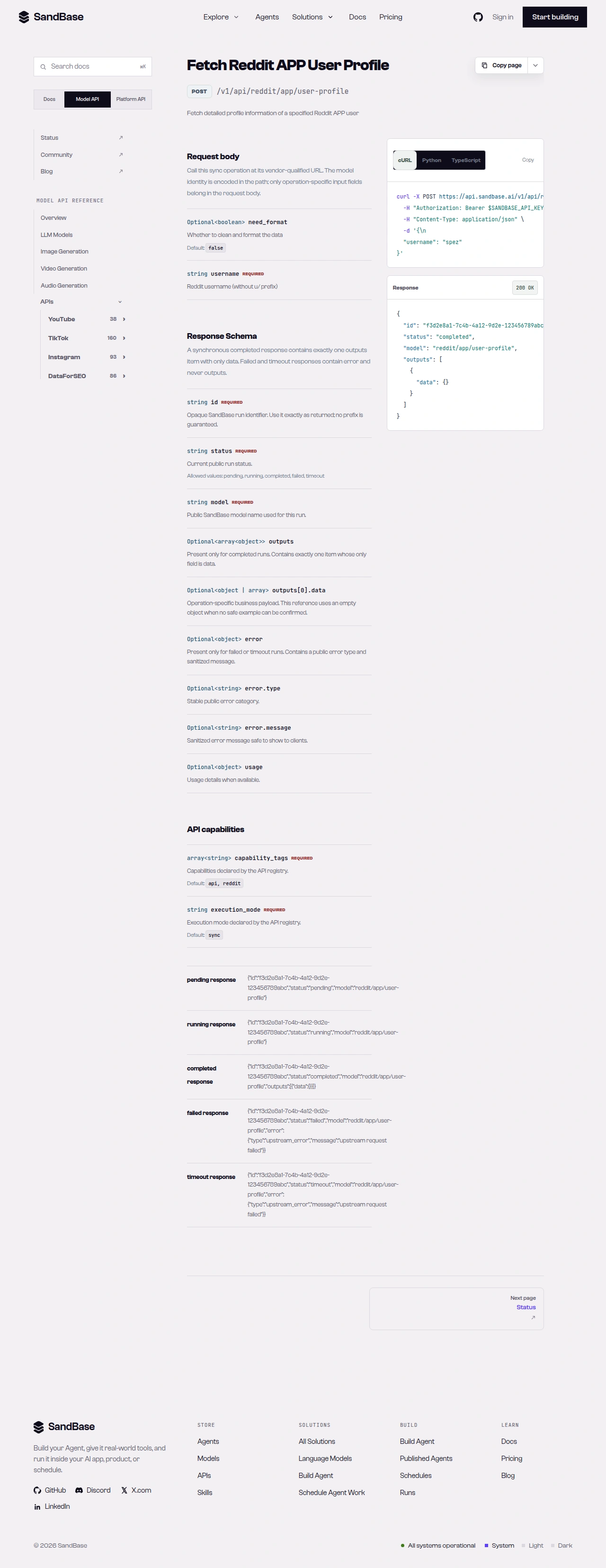 SandBase Reddit user-profile API reference showing the username parameter and response schema