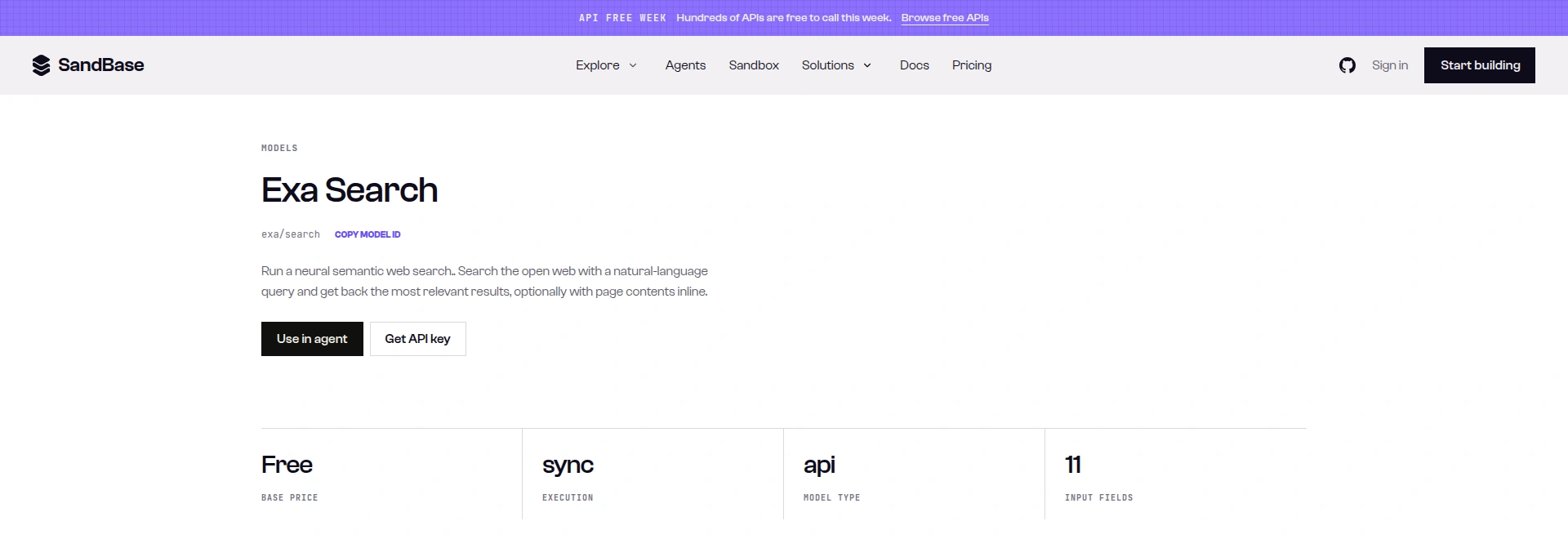 SandBase model page for exa/search showing Exa Search with Free base price, sync execution, api model type and 11 input fields, under an API Free Week banner