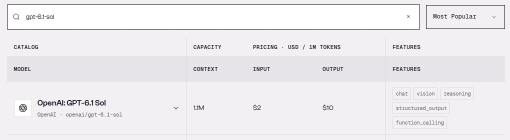 SandBase language model catalog searched for gpt-6.1-sol, showing OpenAI GPT-6.1 Sol with 1.1M context, $2 input and $10 output per million tokens