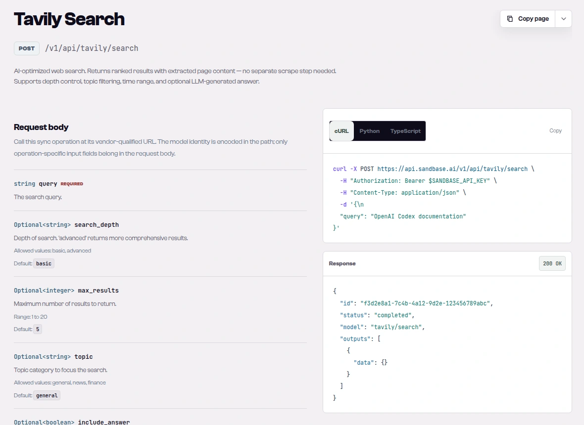 SandBase API reference for tavily/search showing POST /v1/api/tavily/search, the query, search_depth, max_results and topic parameters, and a completed response example with the payload under outputs and data