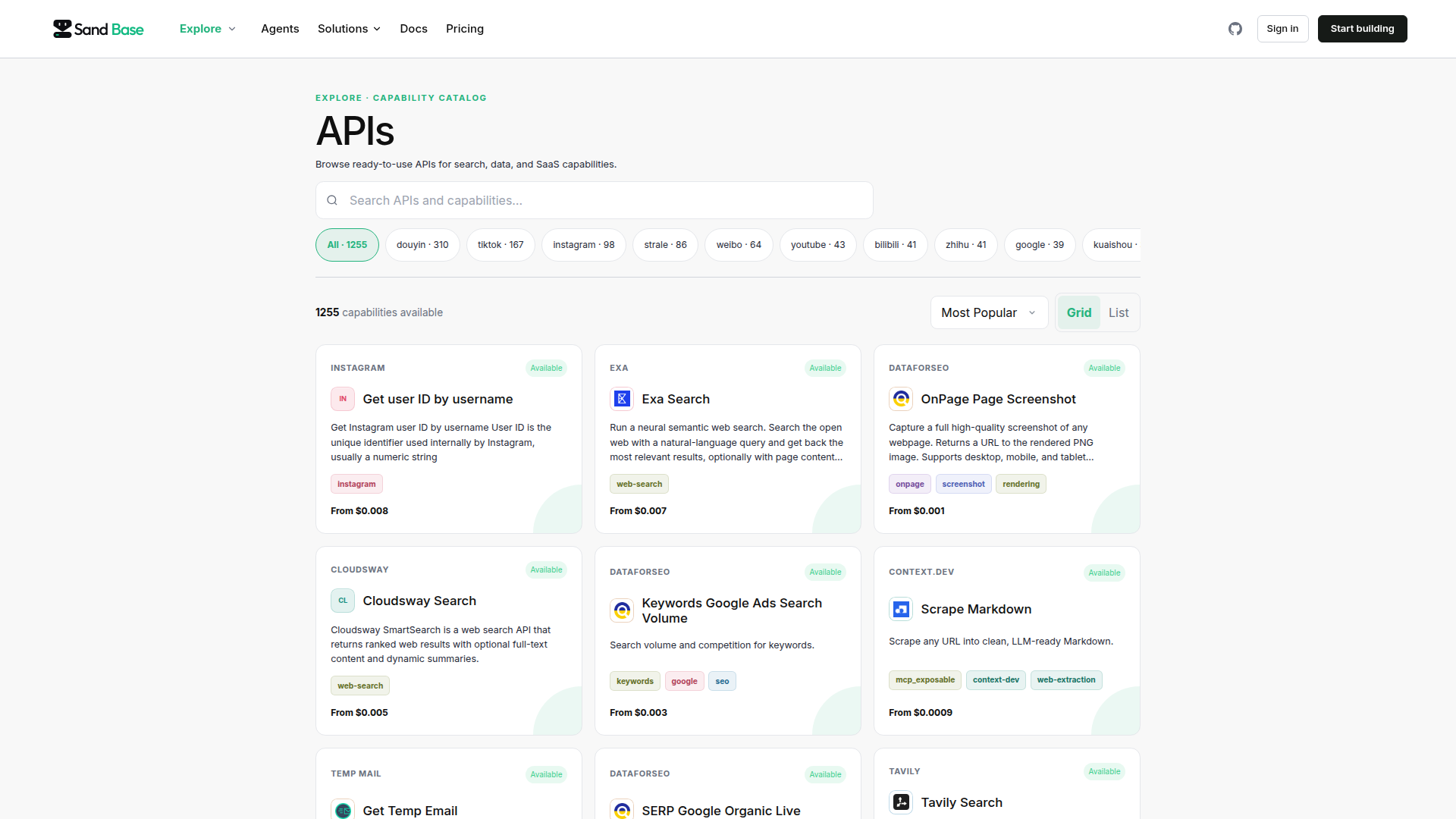 SandBase API dashboard