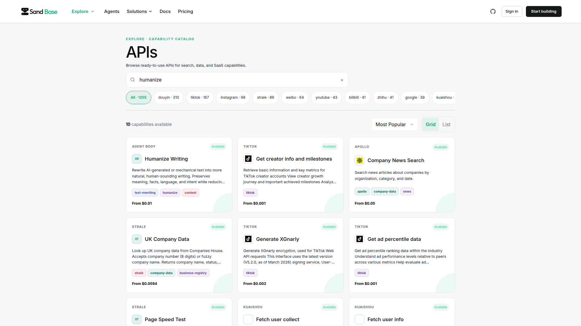 SandBase API catalog showing Humanize Writing