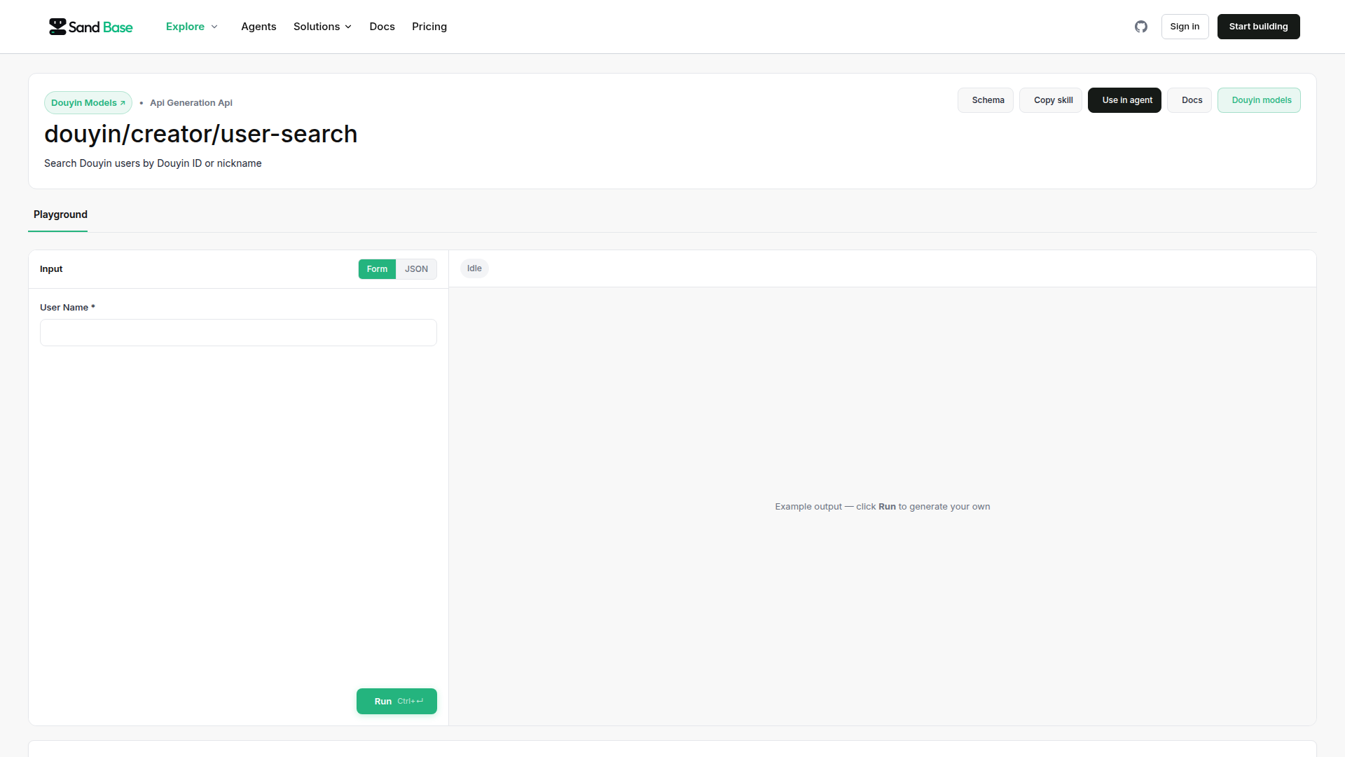 SandBase Douyin User Search API page