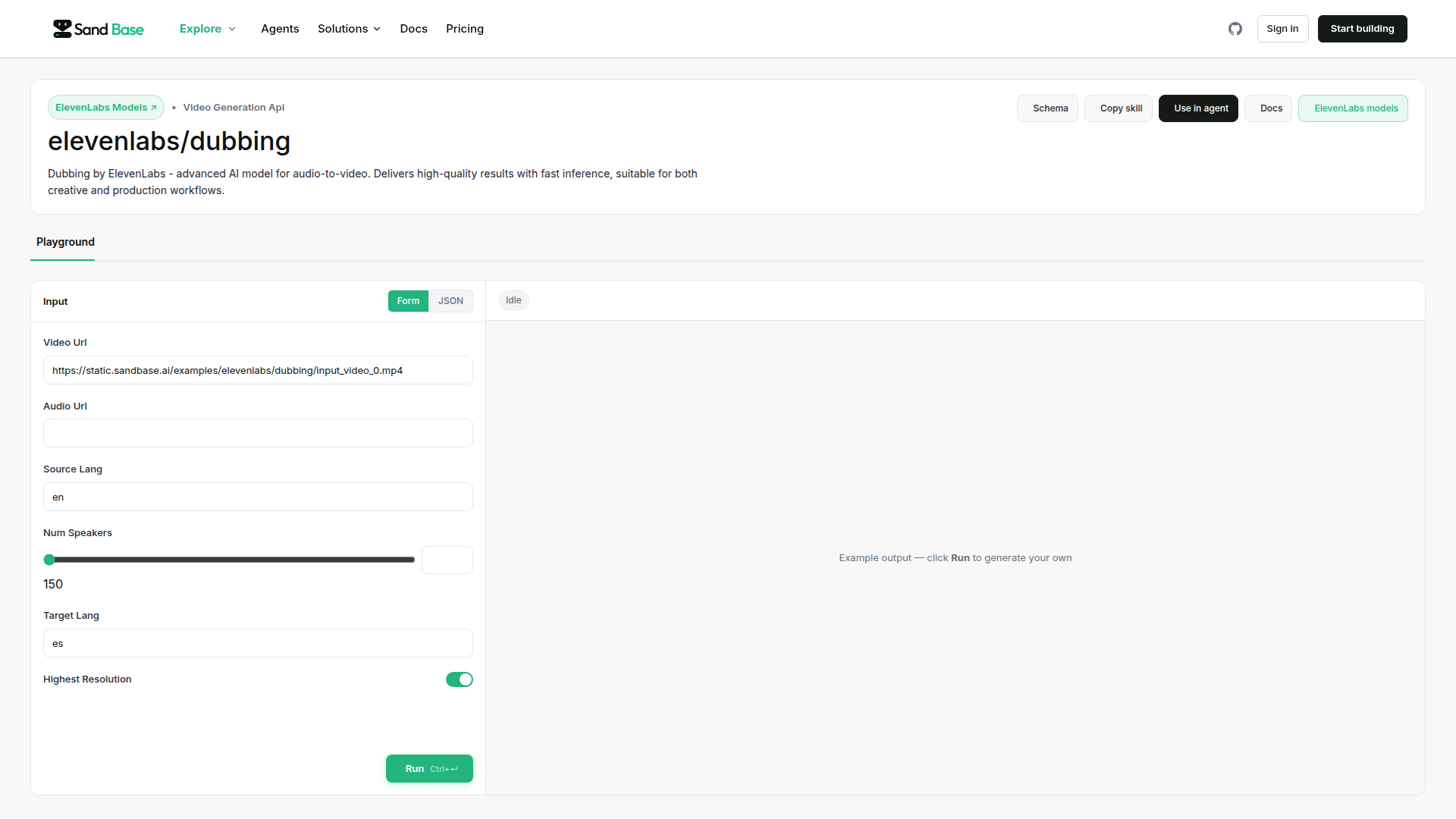 SandBase ElevenLabs Dubbing API page