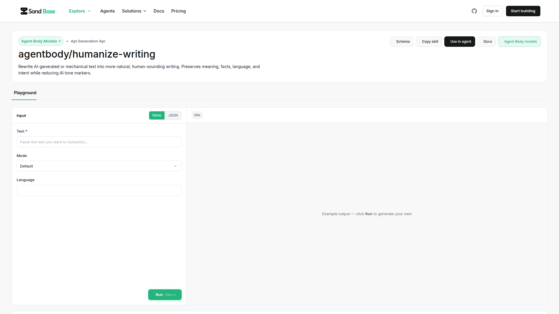 SandBase Humanize Writing API model page