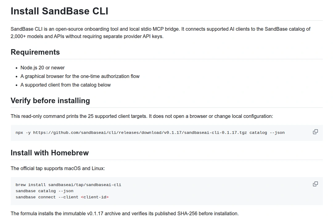 GitHub llms-install.md for sandbaseai/cli showing requirements and the read-only catalog command for v0.1.17
