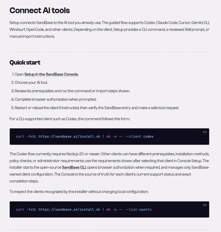 SandBase docs page "Connect AI tools" showing the quick start steps and the install.sh command form