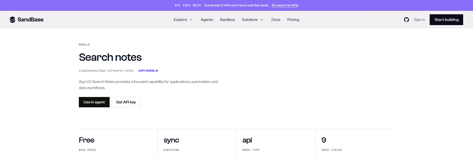 SandBase model page for xiaohongshu/app-v2/search-notes showing Free base price, sync execution and 9 input fields