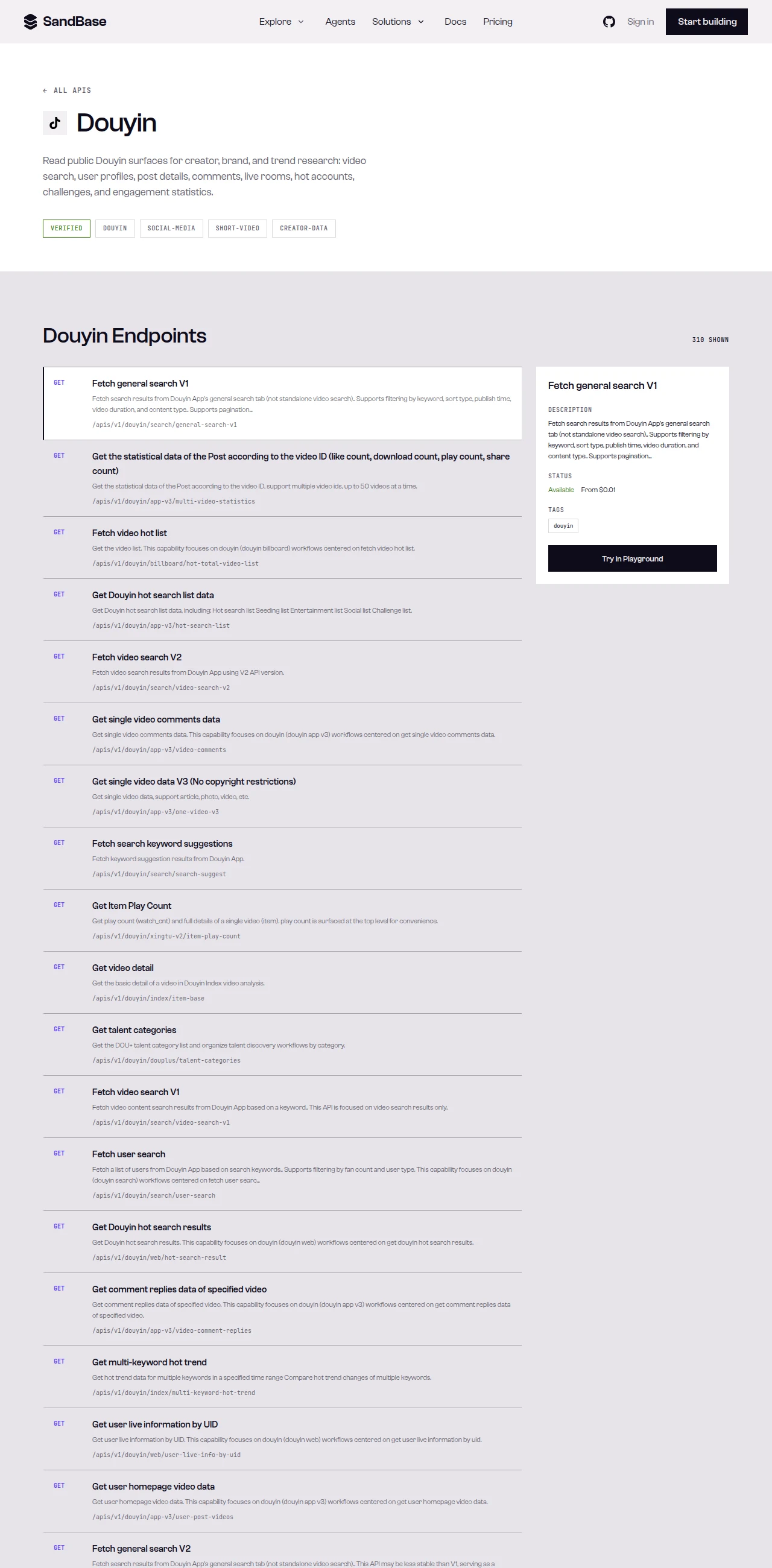 SandBase Douyin API page showing the billboard endpoints and their paths