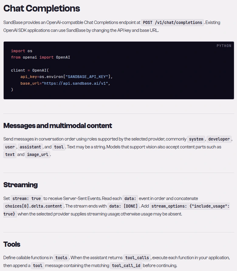 SandBase Chat Completions guide showing POST /v1/chat/completions, the OpenAI SDK base URL, message roles including tool, and the Tools section on tool_calls and tool_call_id