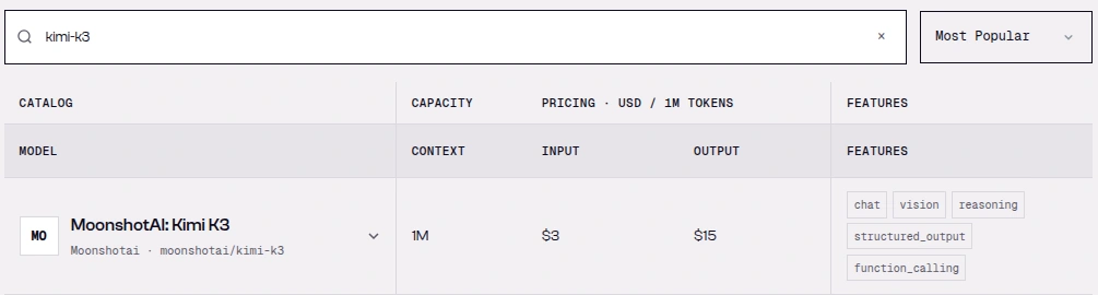 SandBase language model catalog searched for kimi-k3, showing MoonshotAI Kimi K3 with 1M context, $3 input and $15 output per million tokens