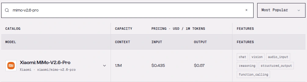 SandBase language model catalog searched for mimo-v2.6-pro, showing Xiaomi MiMo-V2.6-Pro with 1.1M context, $0.435 input and $0.87 output per million tokens