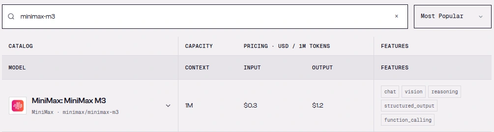 SandBase language model catalog searched for minimax-m3, showing MiniMax M3 with 1M context, $0.3 input and $1.2 output per million tokens