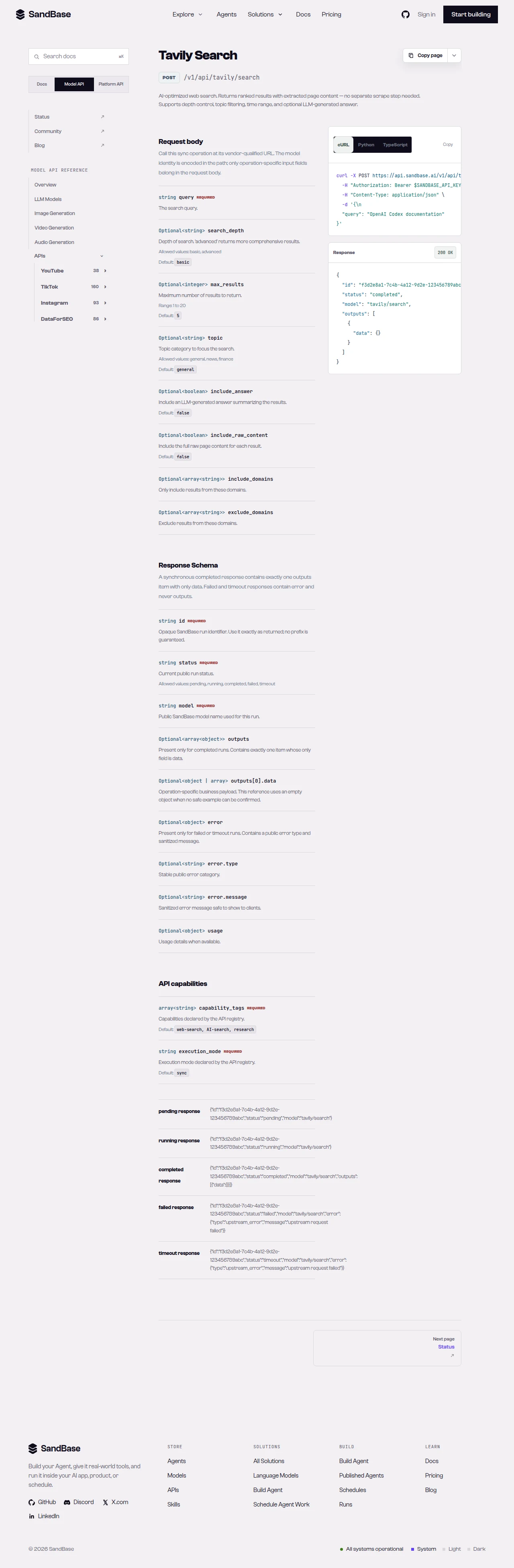 SandBase API reference for a Tavily endpoint, showing the vendor-qualified URL and the response schema